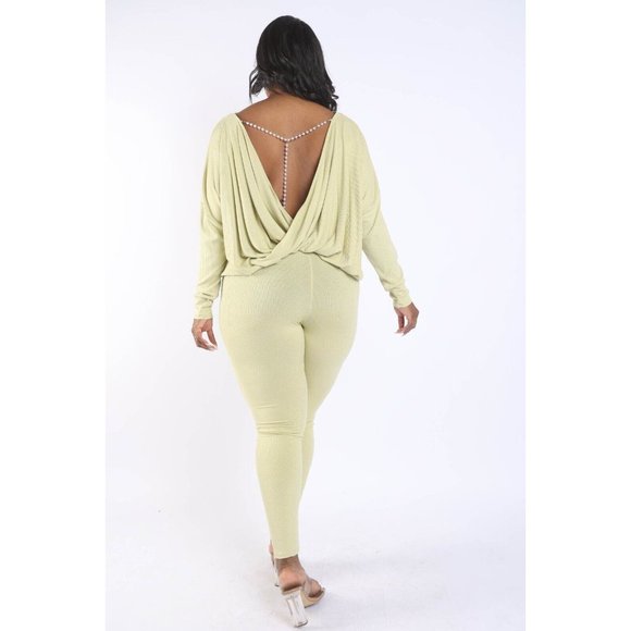 Women's Plus Size Long Sleeves Open Back Strap Point Top And Matching Pants Set - Picture 3 of 5